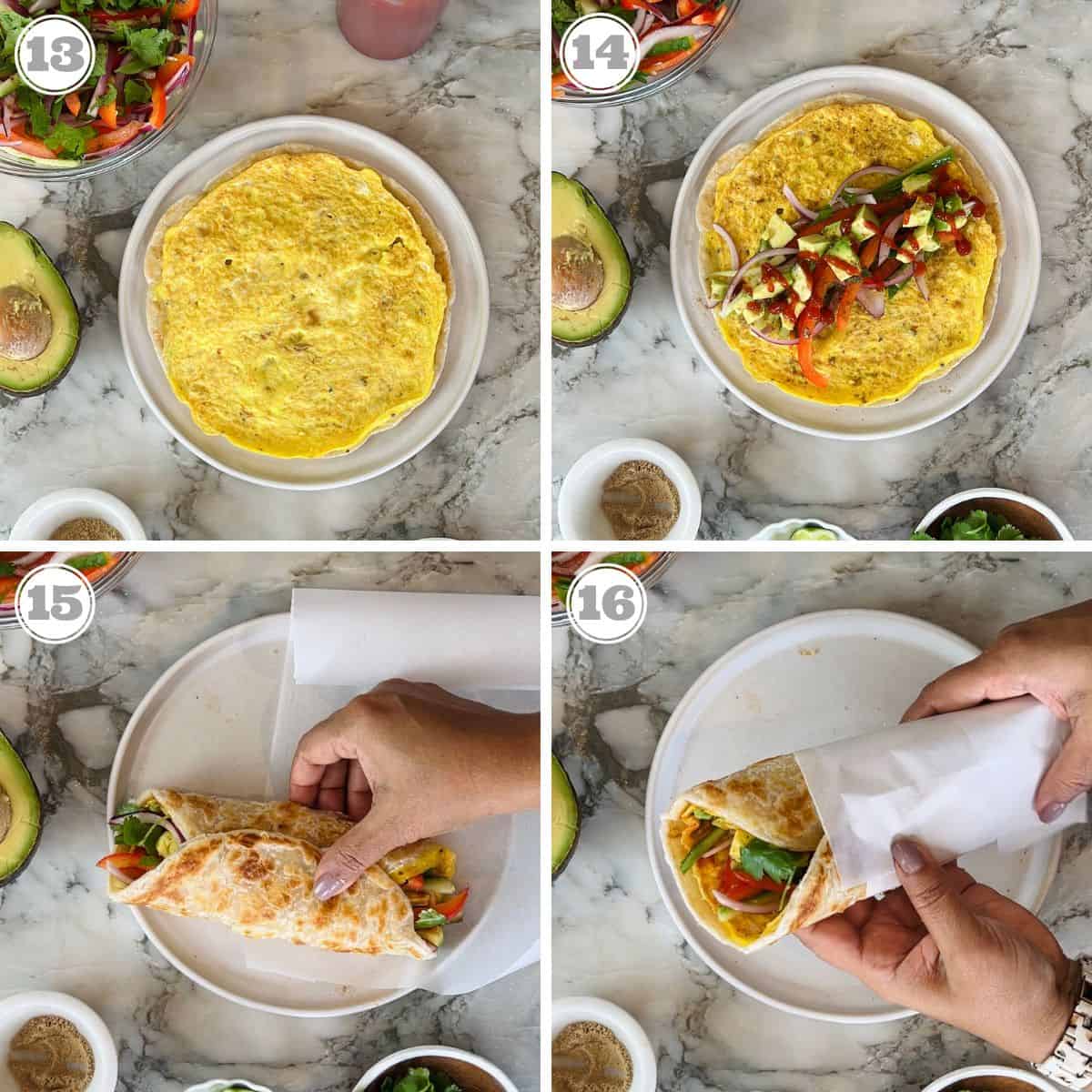 photos thirteen through sixteen showing how to assemble egg kati roll 