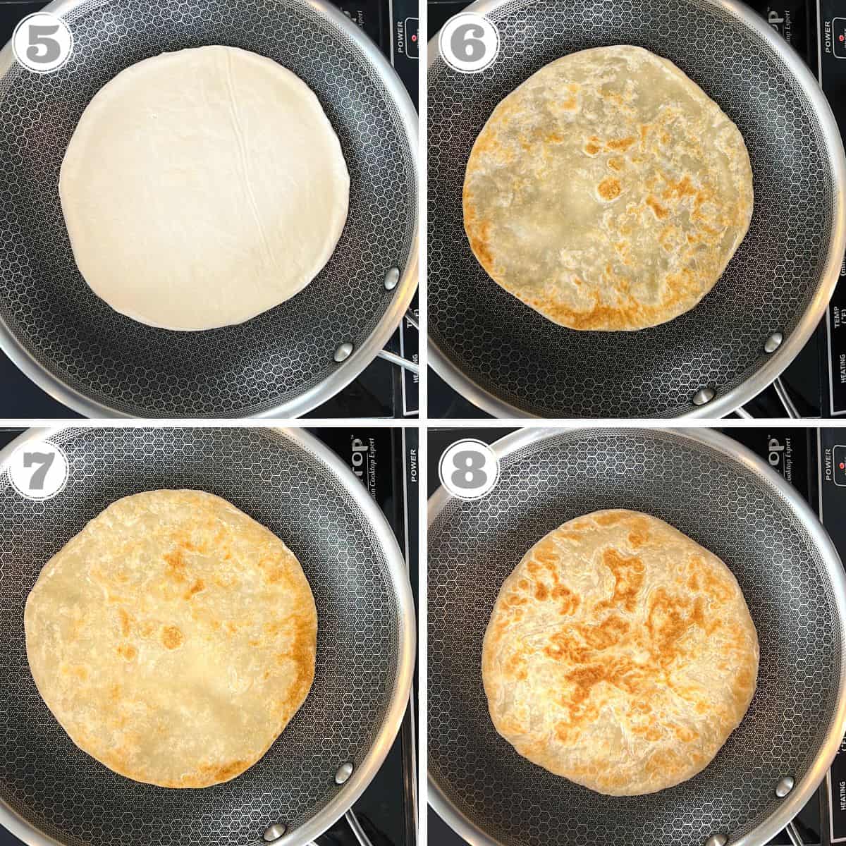 photos five through eight showing how to cook frozen kawan paratha