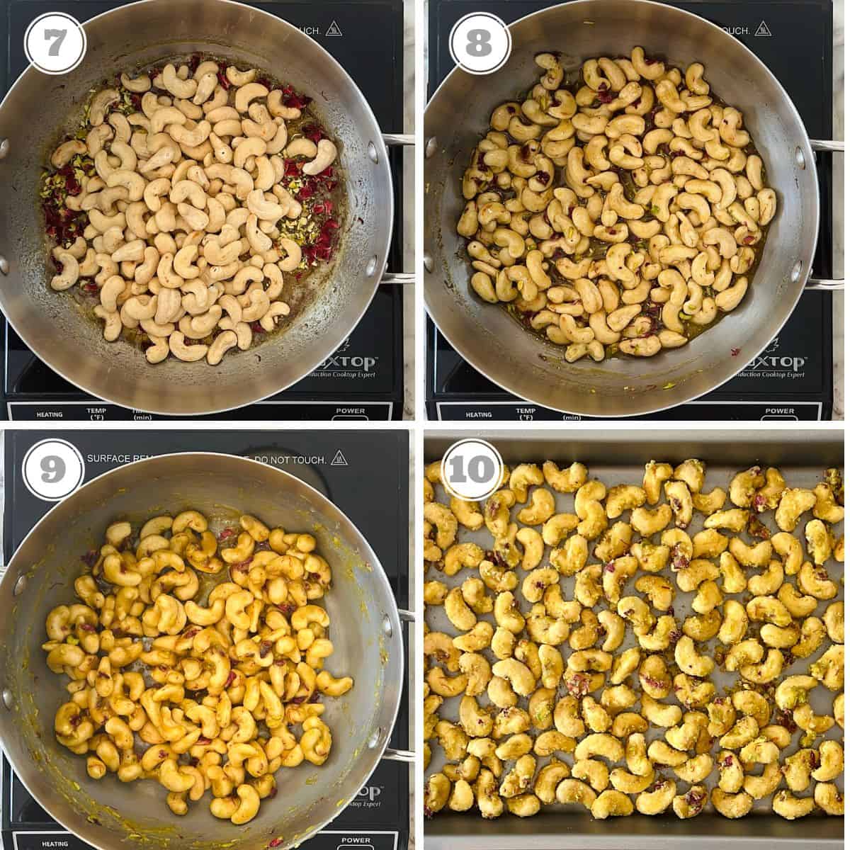 photos seven through ten showing how to make candied cashews in sugar syrup 