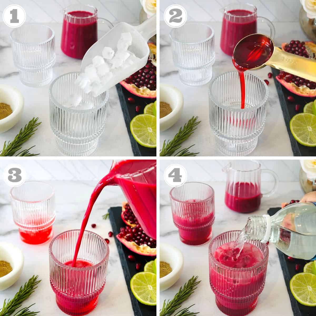 photos one through four showing how to make pomegranate spritz 