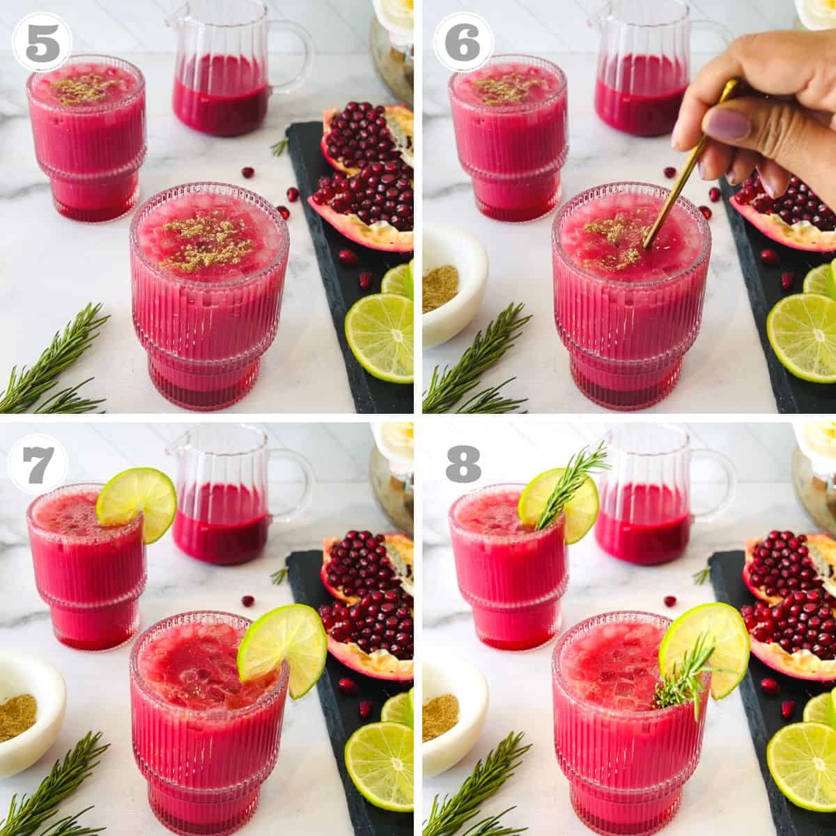 photos five through eight showing garnishing the pomegranate spritz 