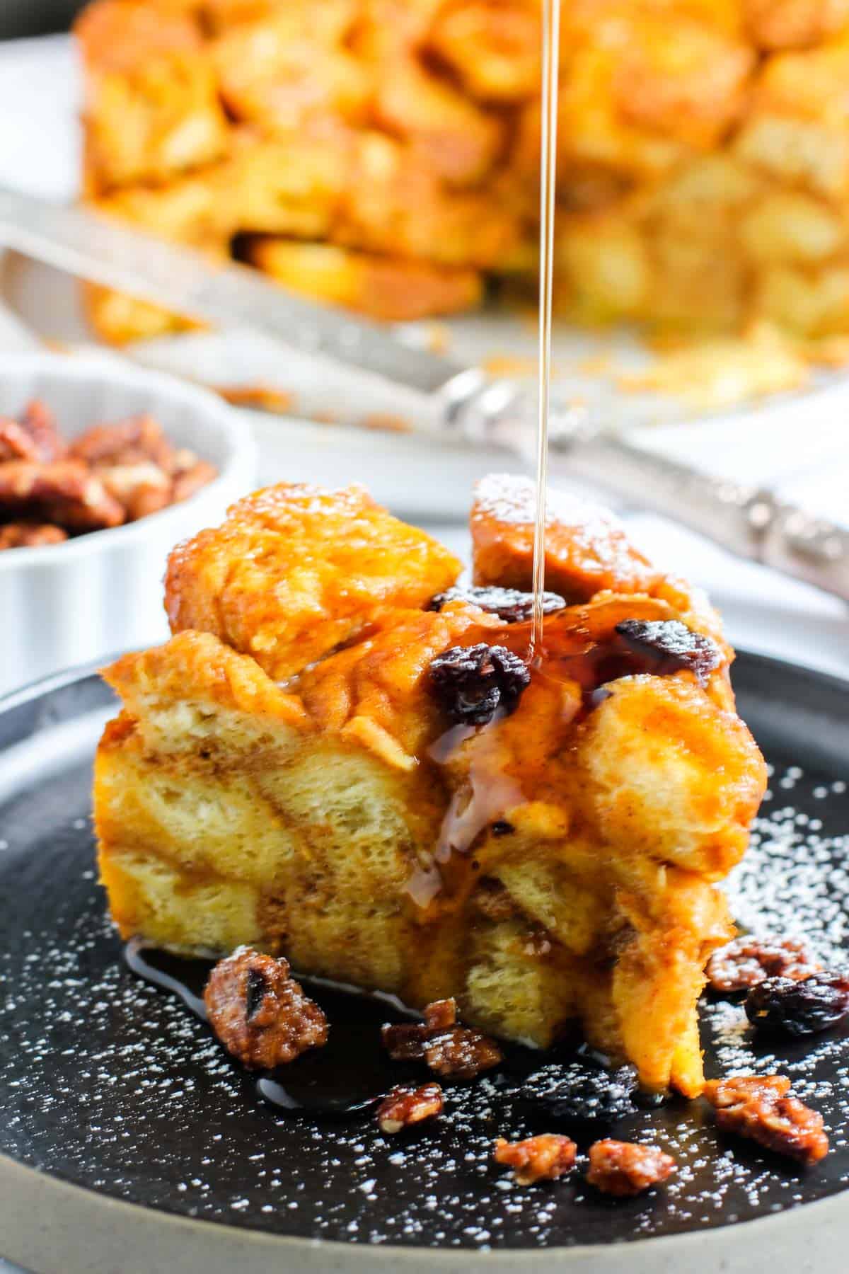 pumpkin bread pudding with maple syrup drizzle