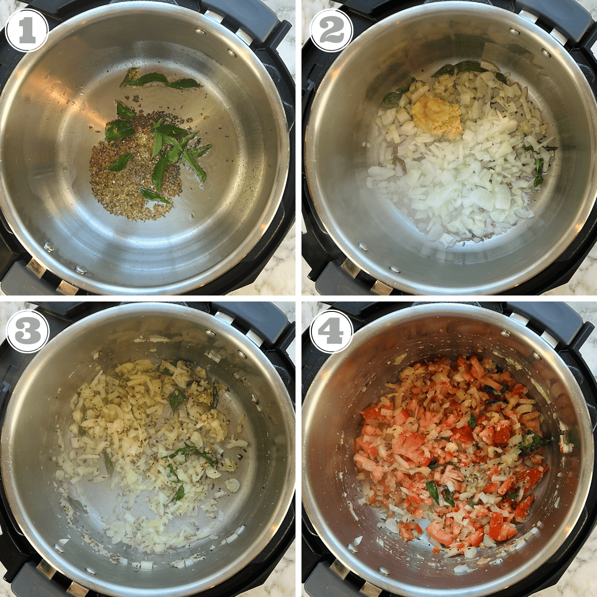 photos one through four showing how to temper spices and saute aromatics in Instant Pot 