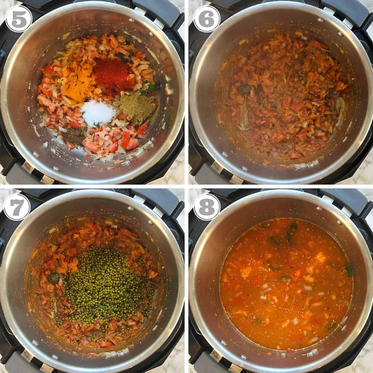 Photos four through eight showing how to make mung bean curry in the Instant Pot 