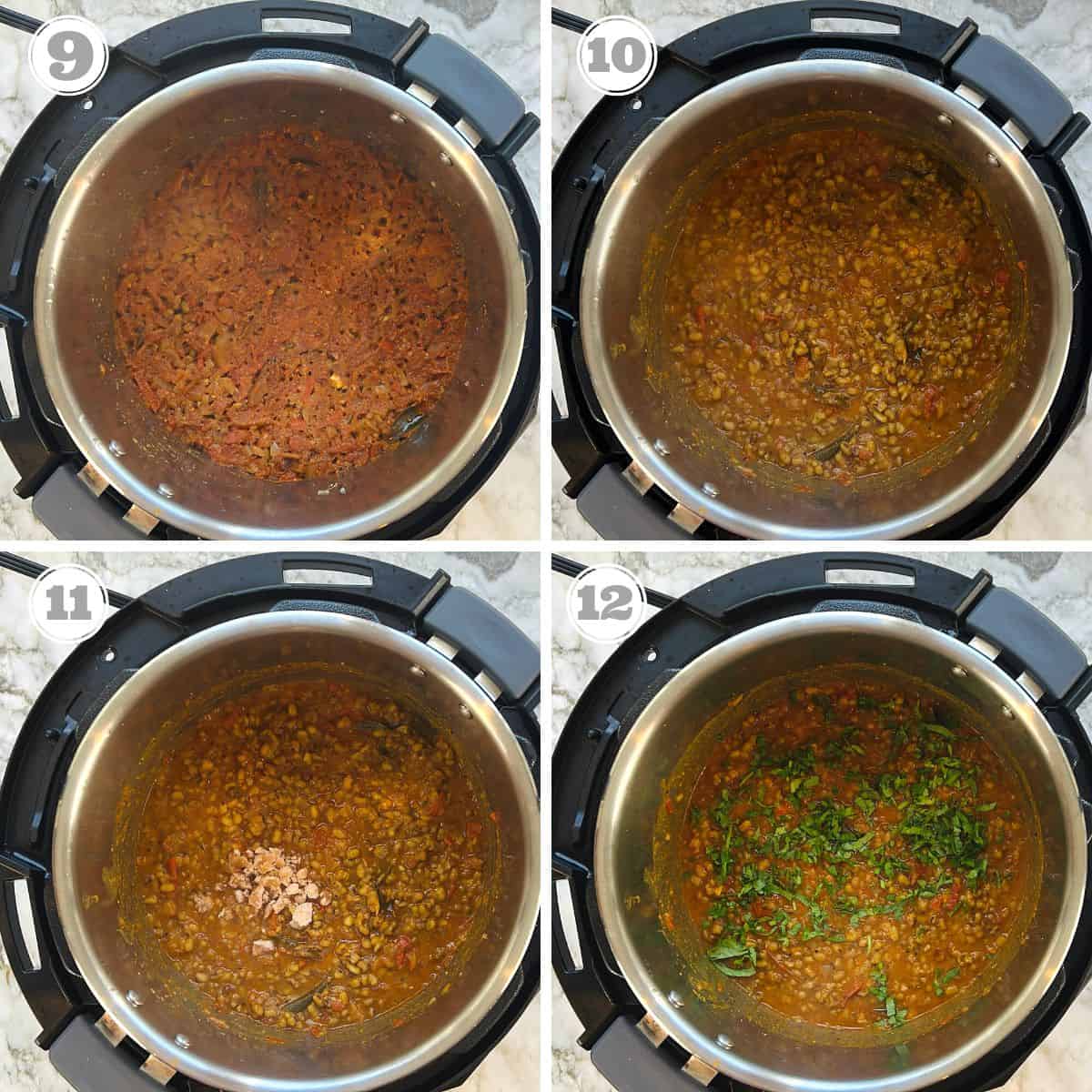 photos nine through twelve showing cooked mung bean curry in the instant pot 