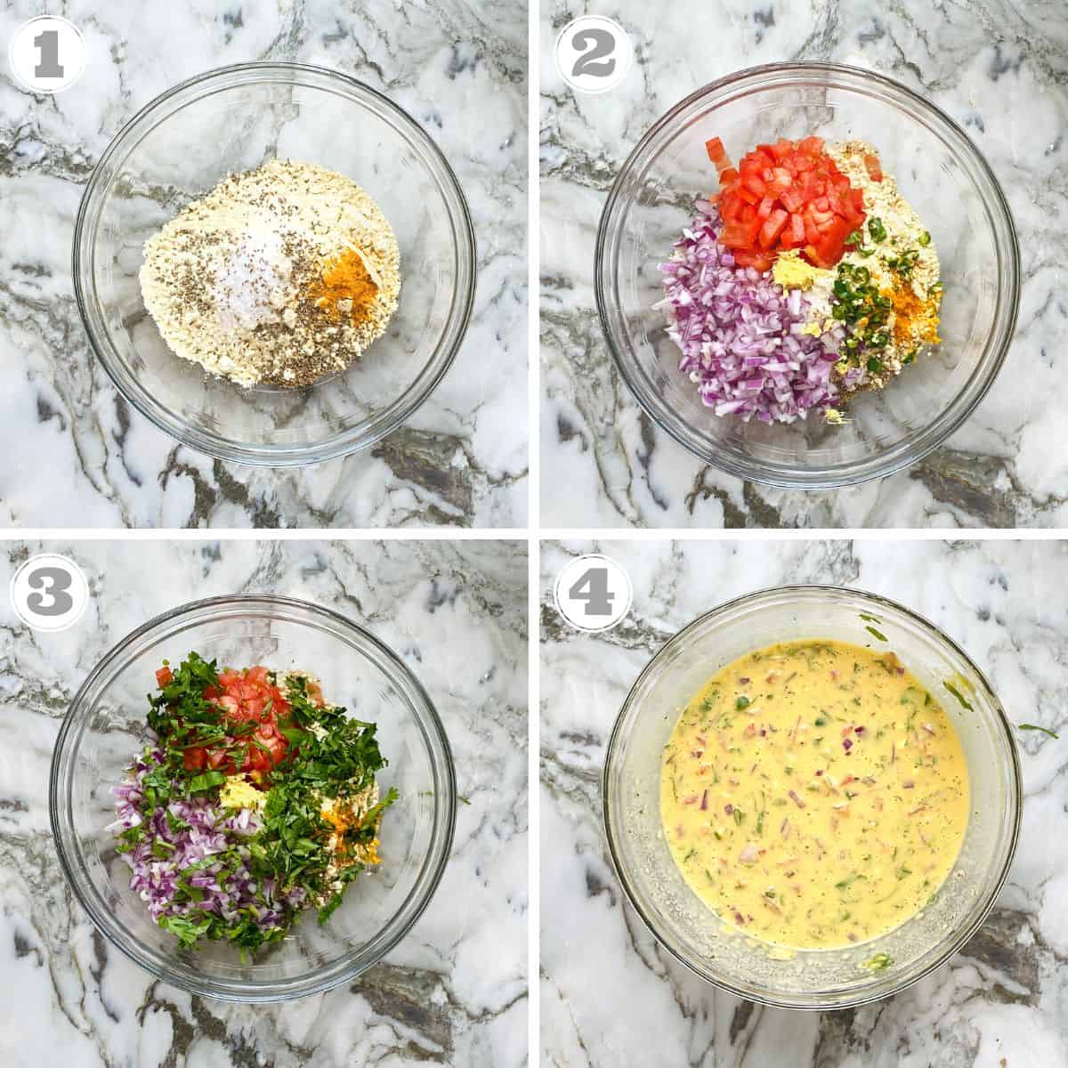 photos one through four showing how to make chilla batter. 