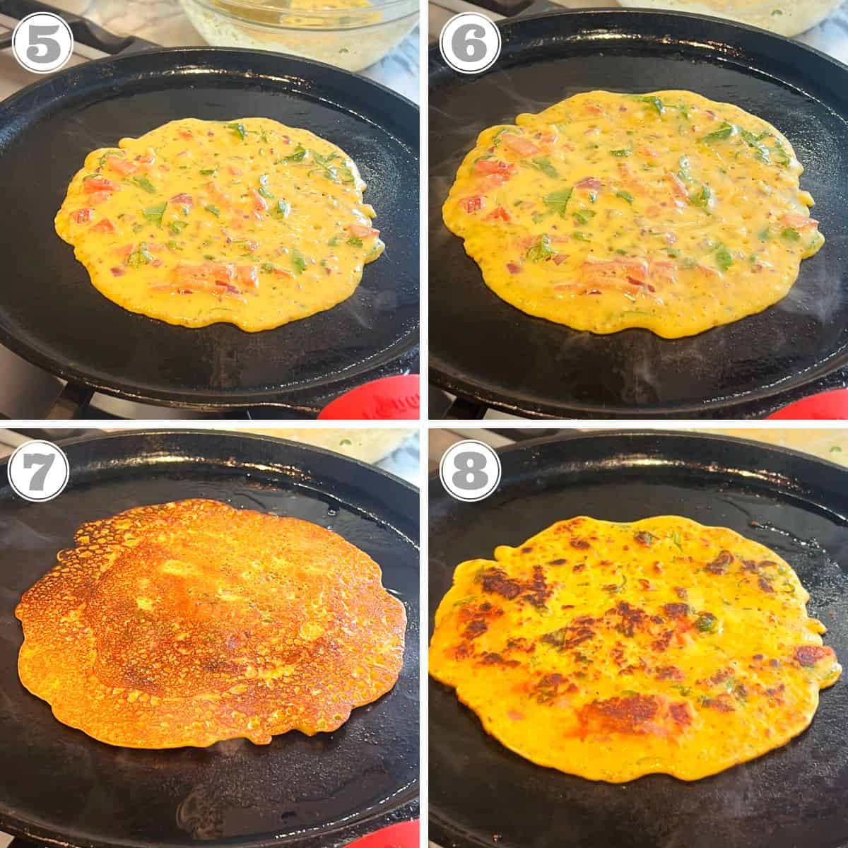 photos five through six showing how to cook besan chilla on a cast iron griddle. 