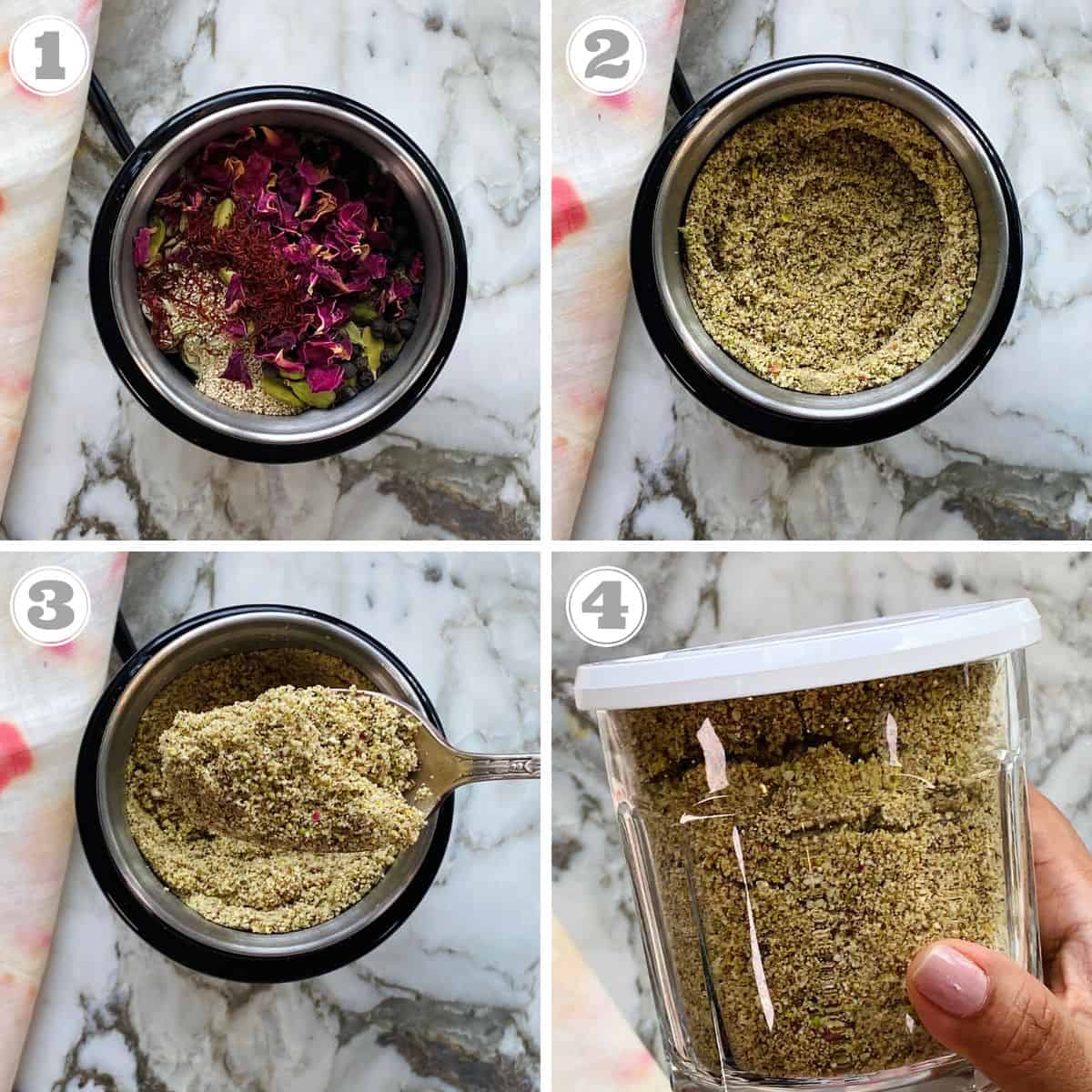 Steps one through four showing how to make Thandai powder