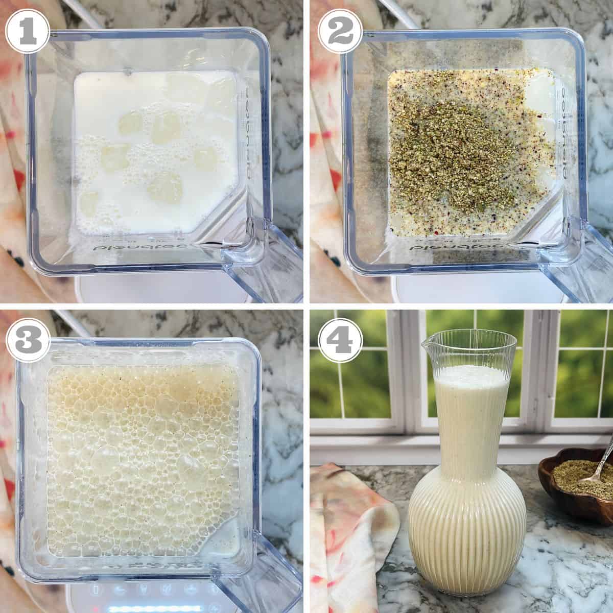 Steps one through four showing how to make Thandai drink