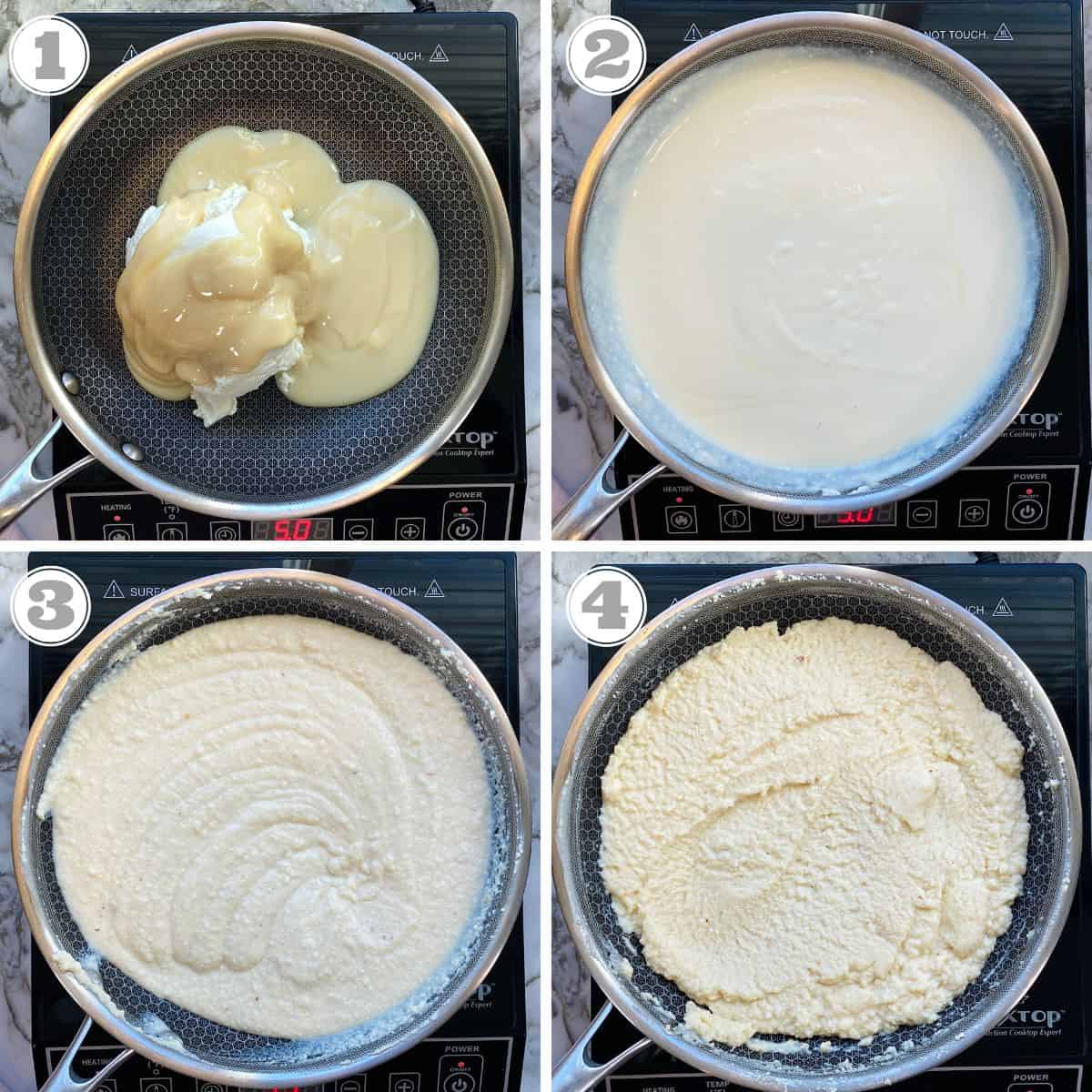 photos one through four showing how to cook ricotta cheese and condensed milk to make kalakand 