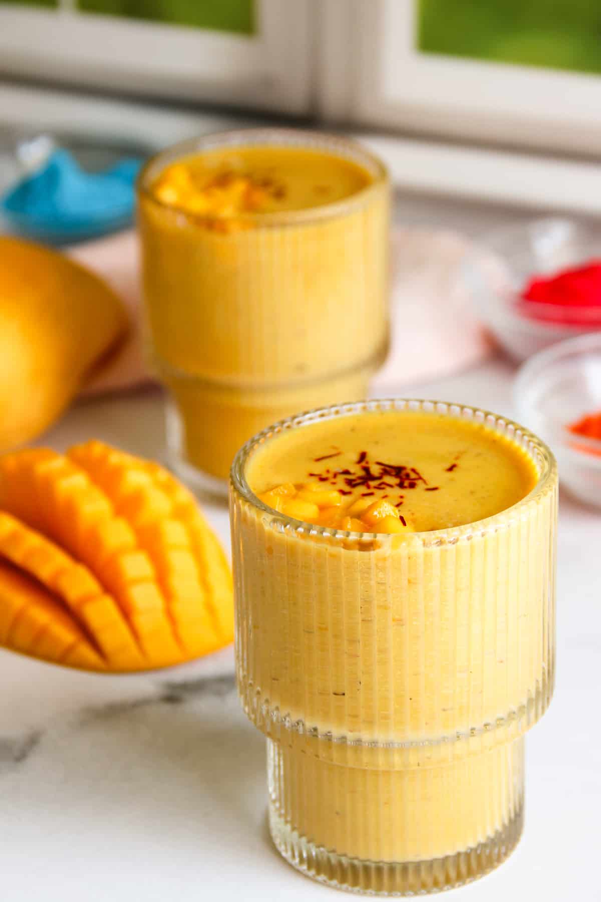 mango thandai topped with diced mango and saffron. 