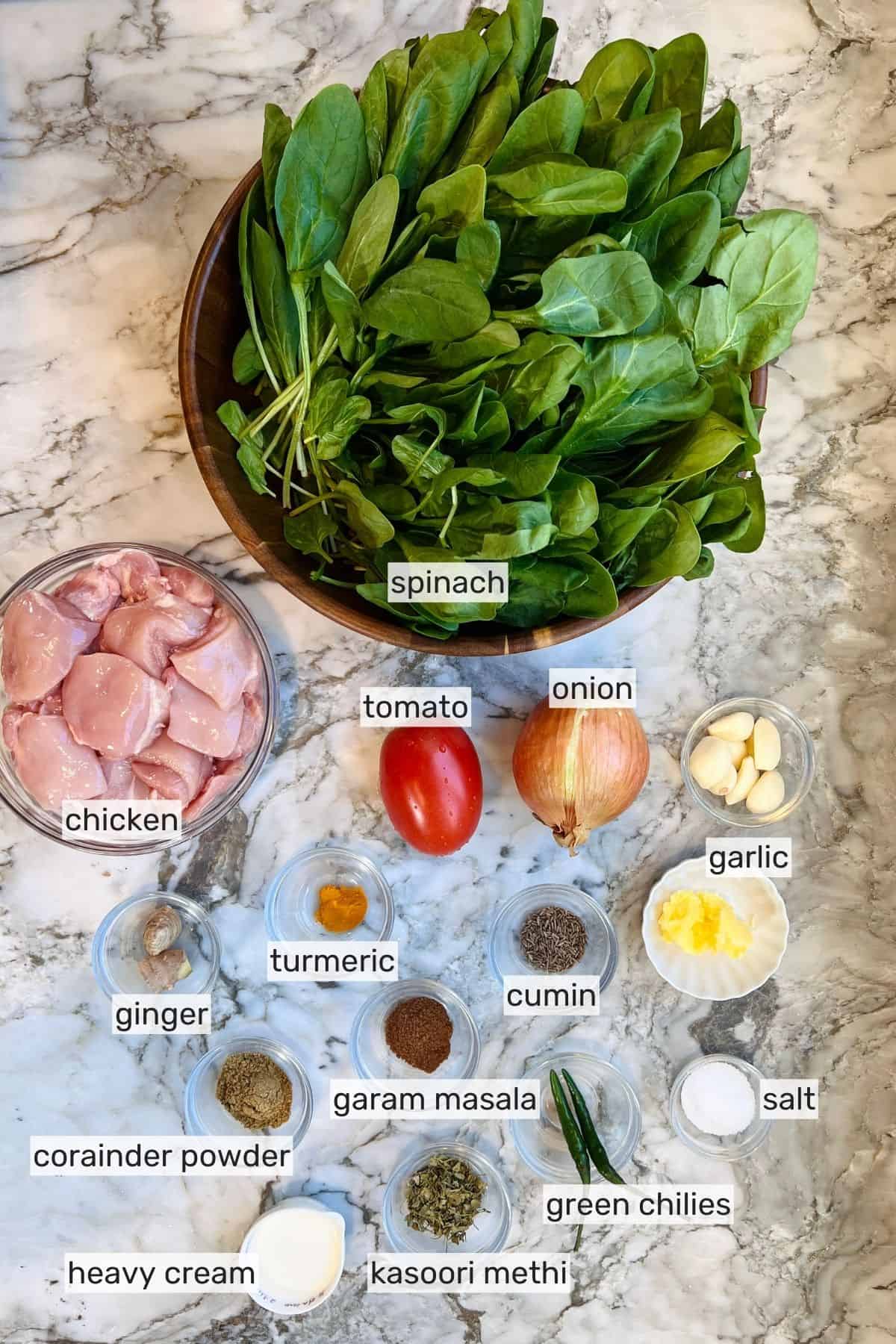 ingredients for making saag chicken 