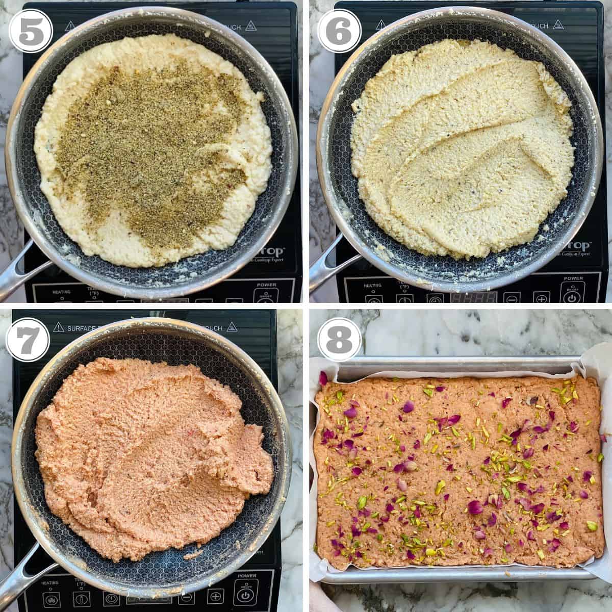 photos five through eight showing adding thandai powder, red color and garnishing thandai kalakand. 