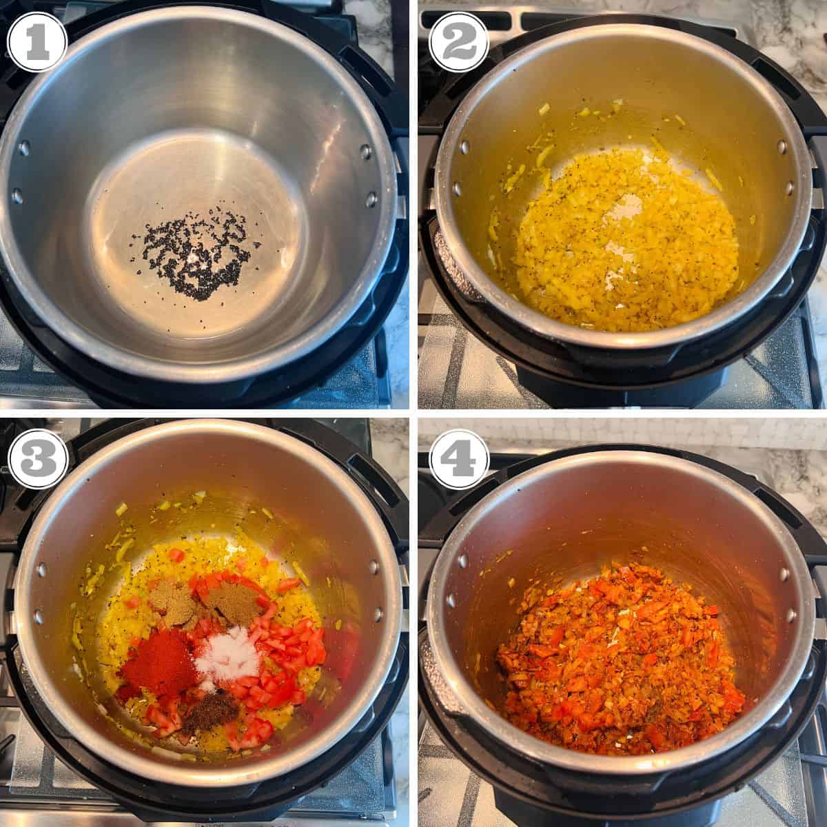 photos one through four showing sauteeing of aromatics and spices in an Instant Pot 