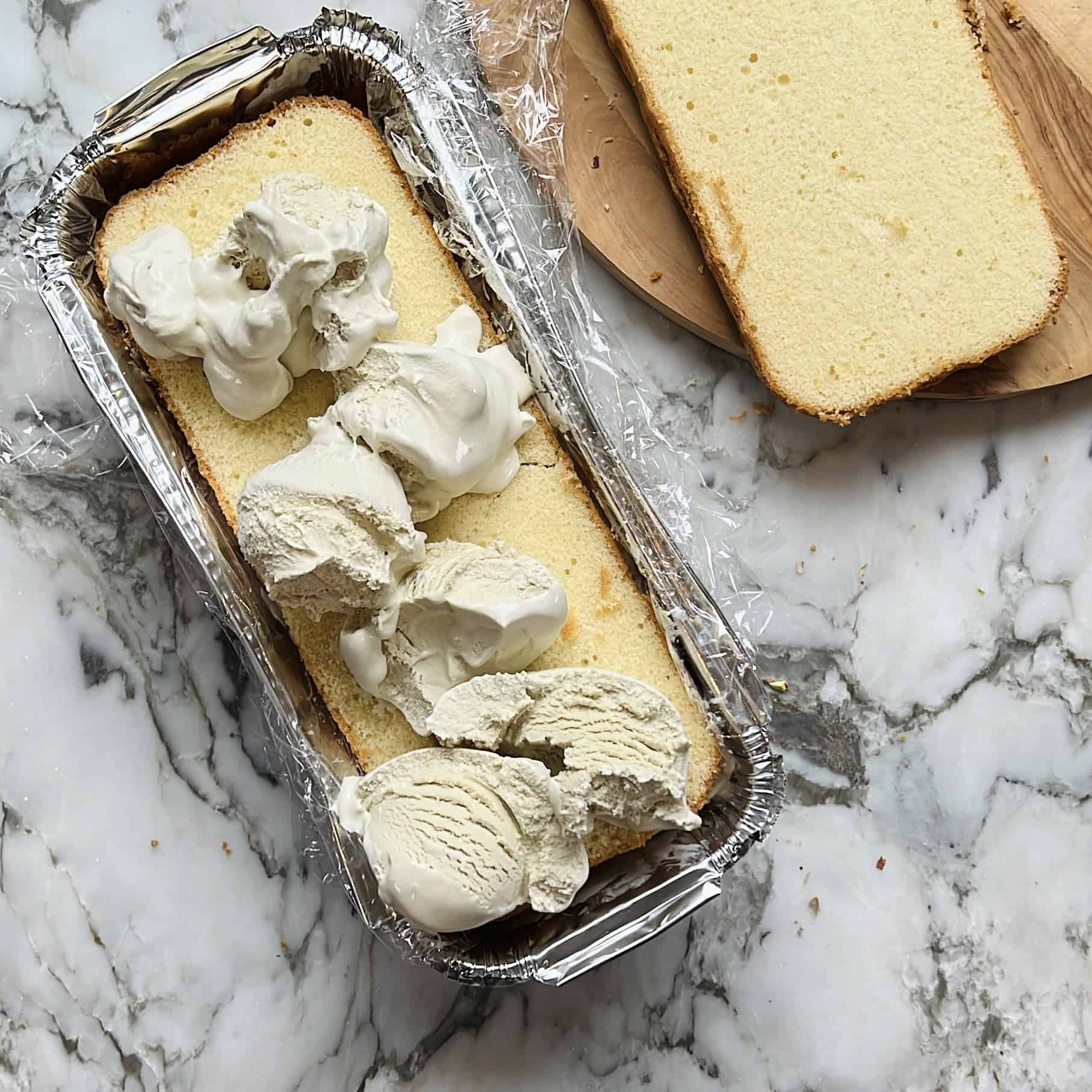 photos showing cake layered with ice cream scoops