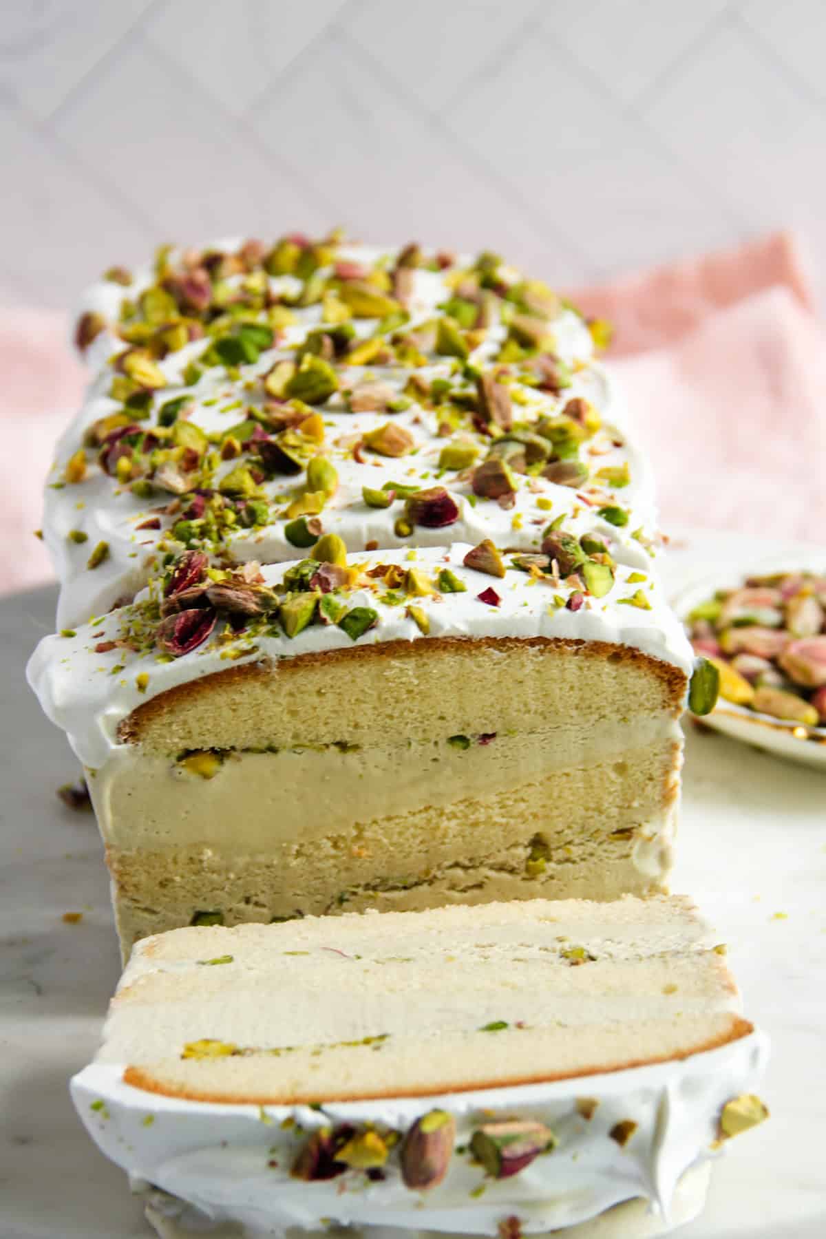 sliced pistachio ice cream cake 
