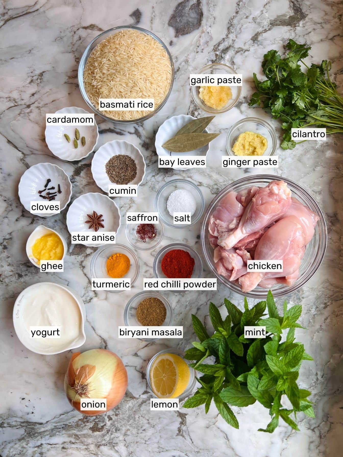 ingredients for chicken biryani. 