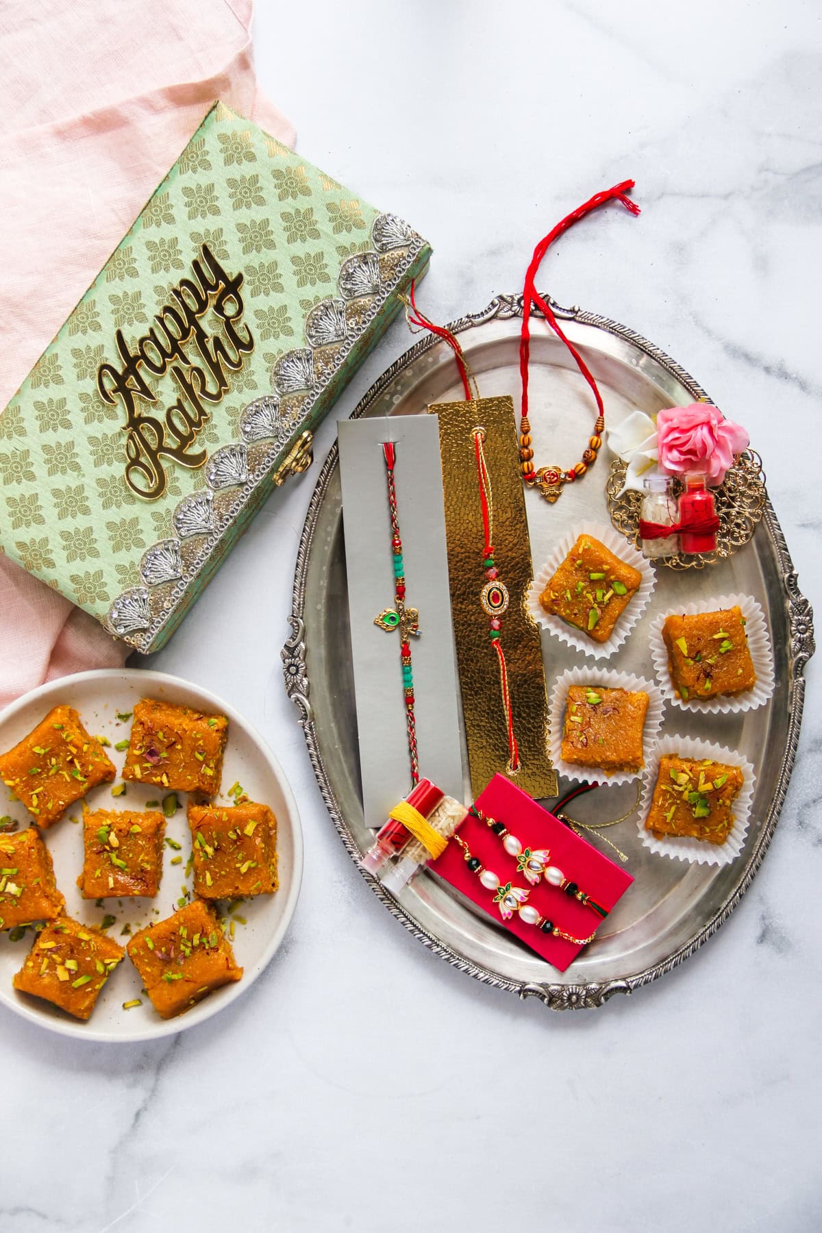raksha bandhan thali with mango burfi
