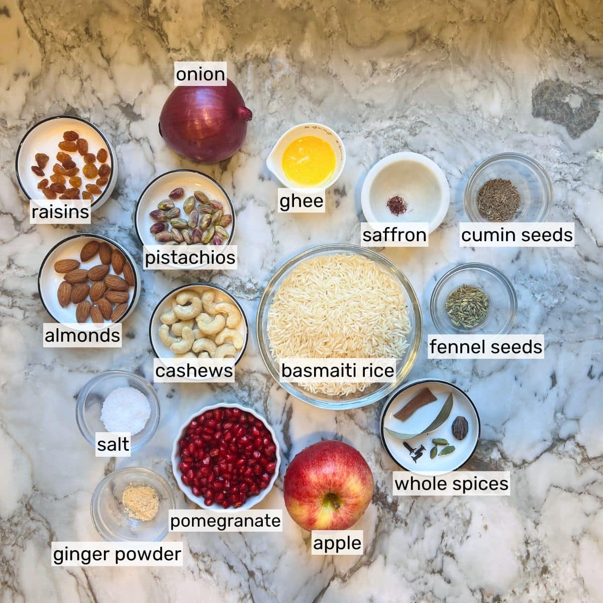 ingredients for Kashmiri Pulao 
