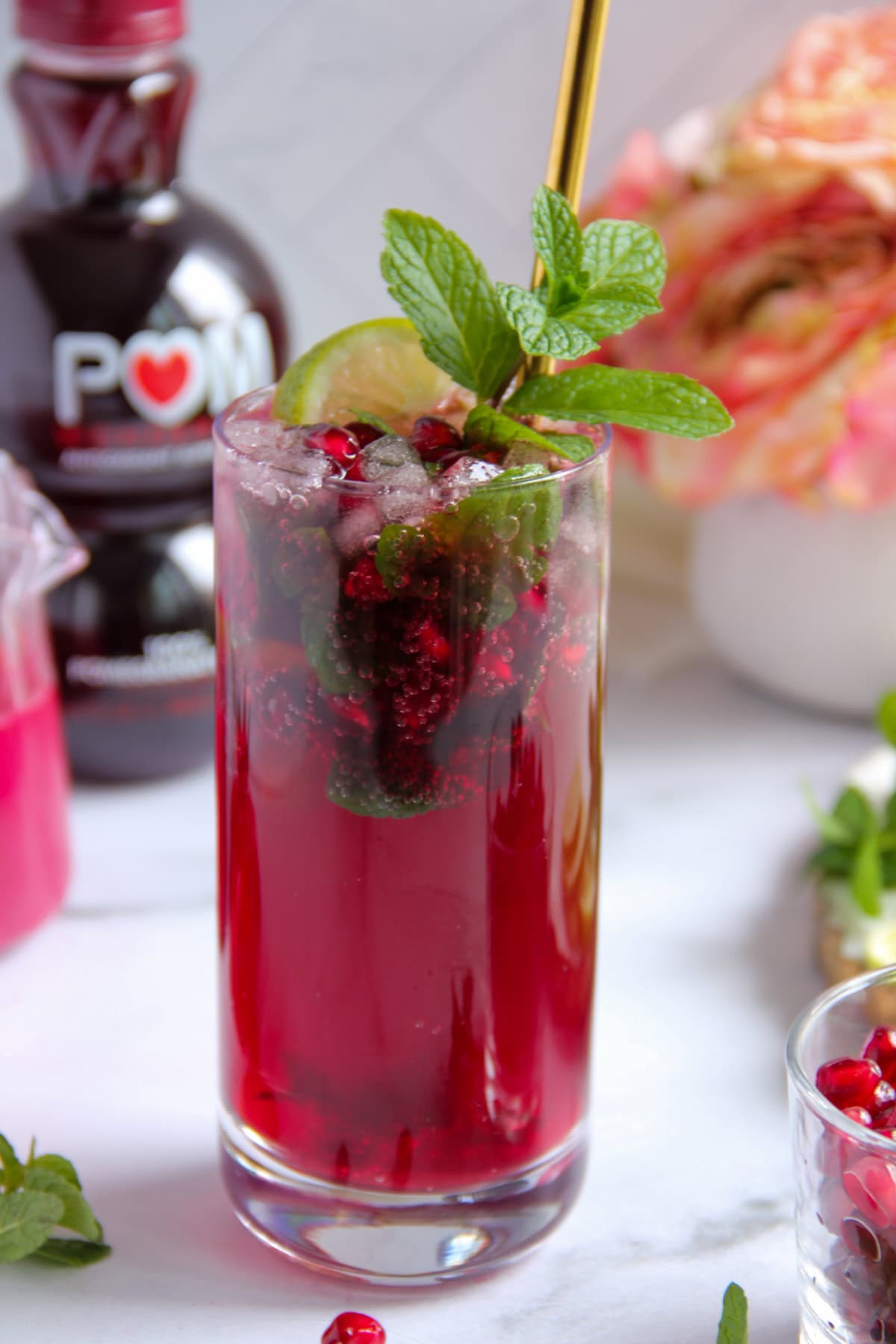 pomegranate mojito garnished with mint sprigs.
