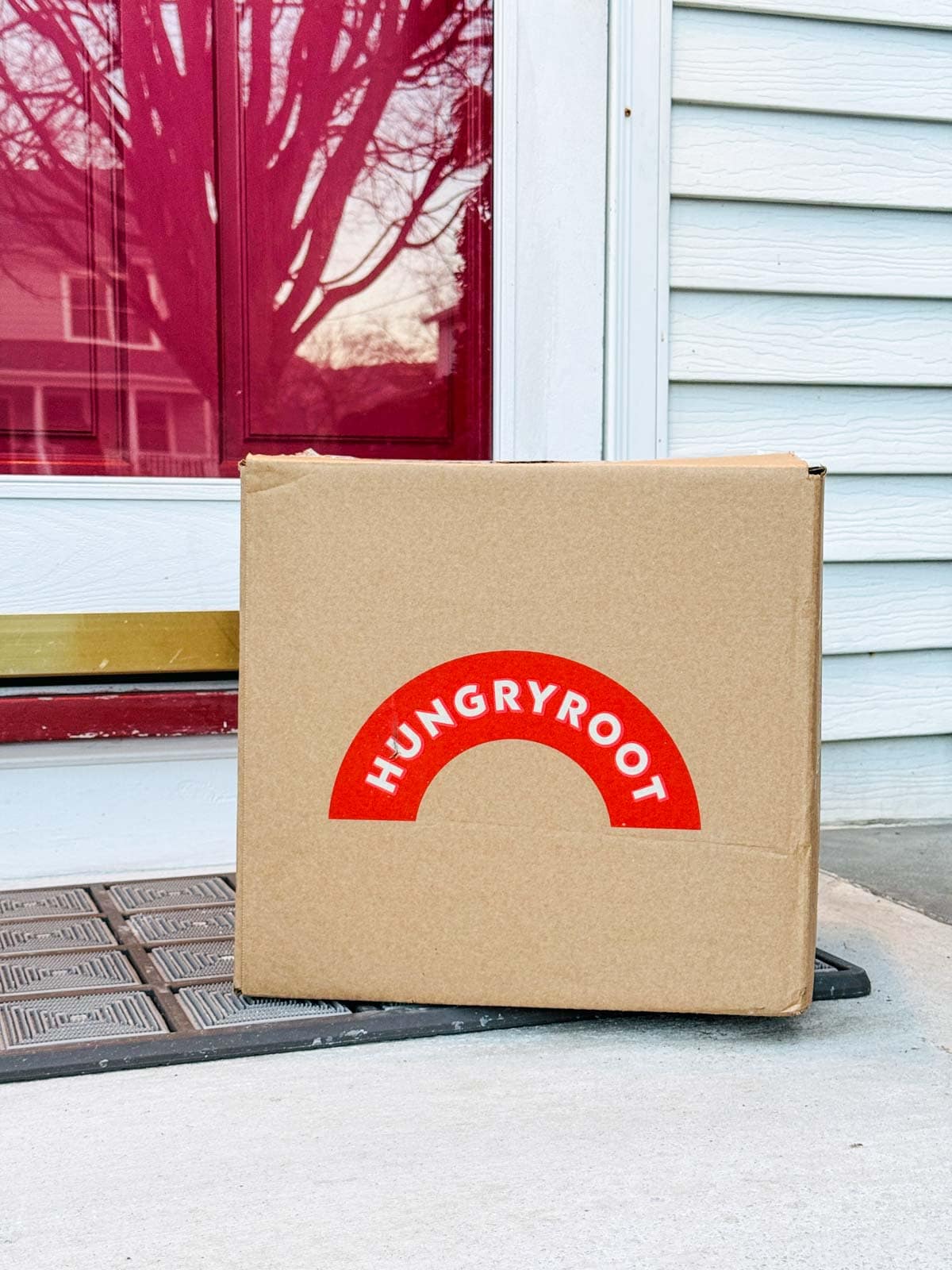 hungryroot grocery delivery box at the door