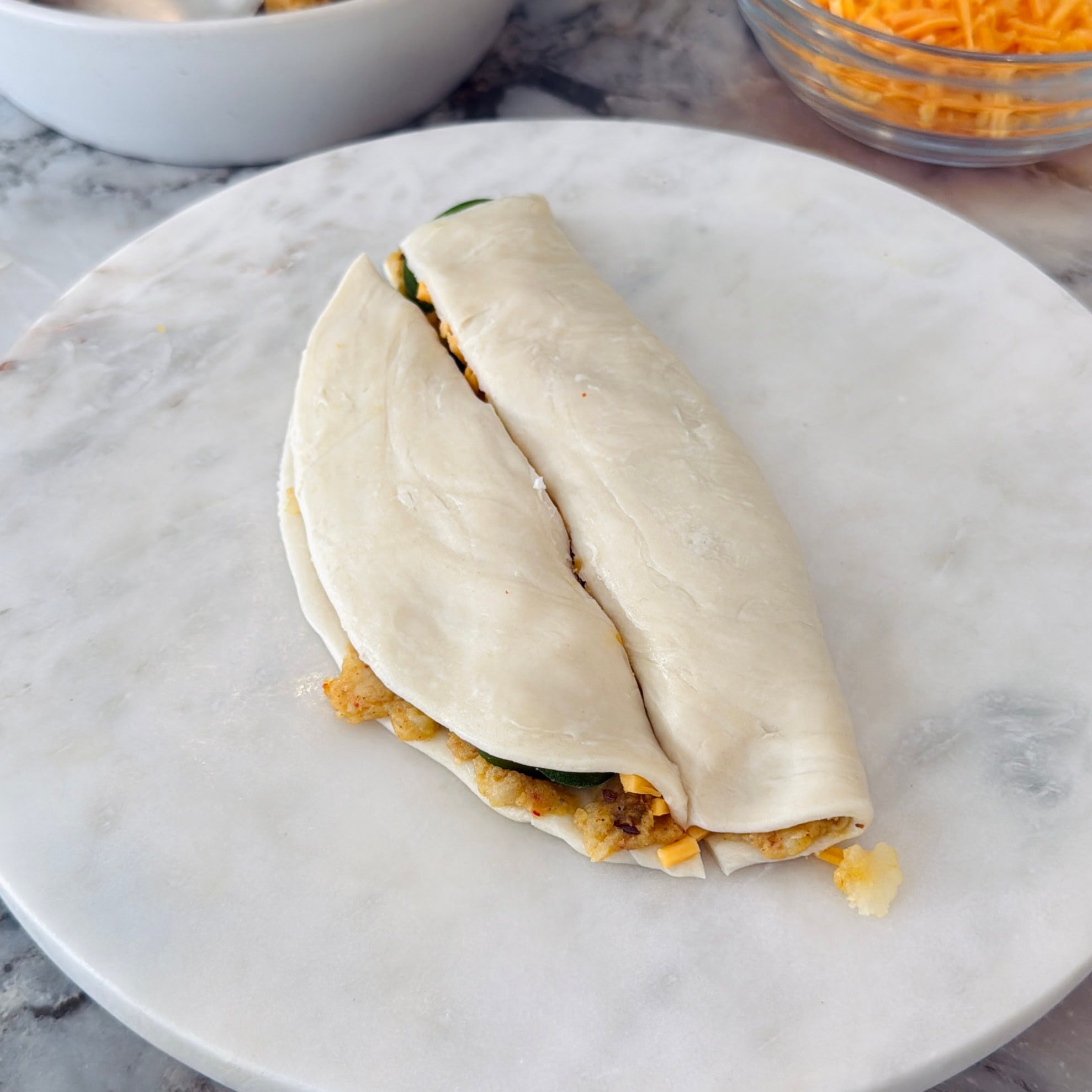 stuffed pastry dough cut into strips.