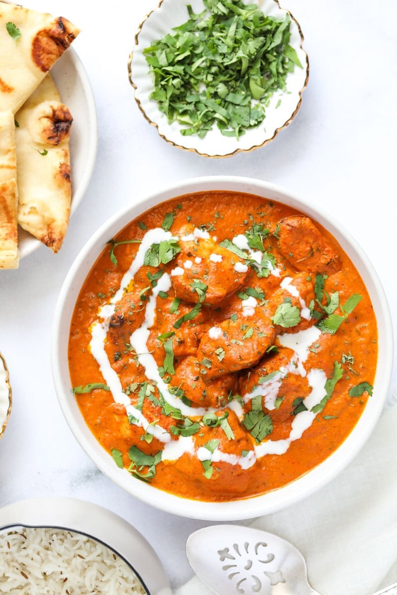 chicken tikka masala served with homemade naan.