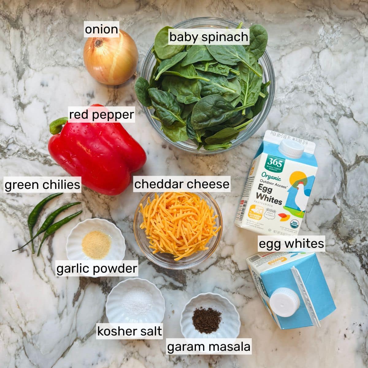 ingredients for veggie egg white bake. 